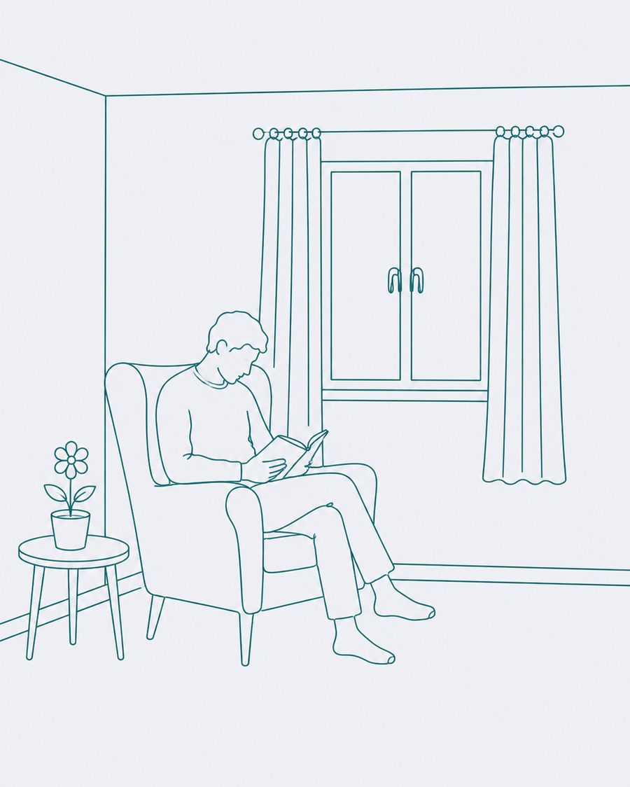 A man reading in an armchair beside a flower, drawn in a fine line illustration style
